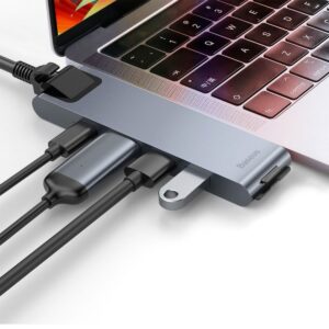 Hub Baseus 7 em 1 para MacBook Pro HDMI/USB/USB-C/SD/microSD/RJ45 Cinzento